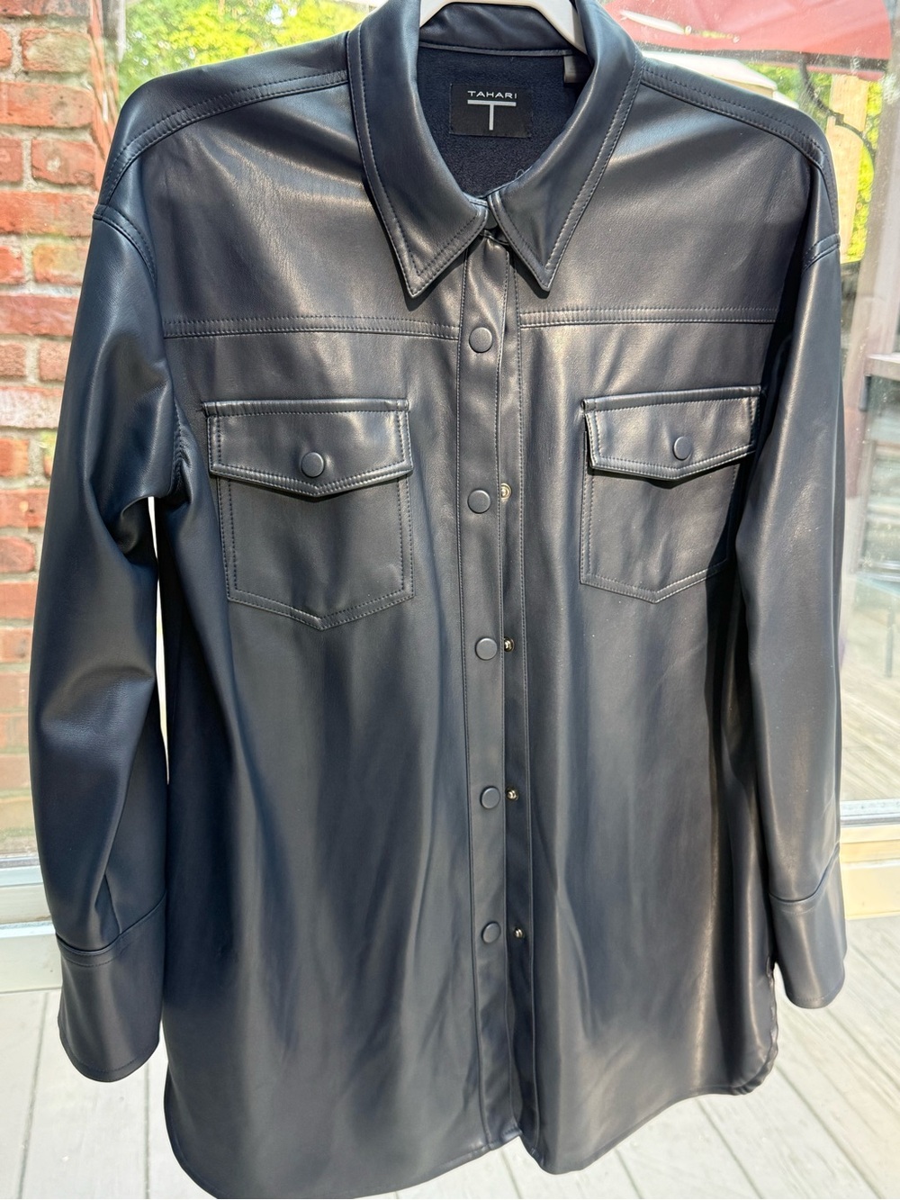 Tahari Navy Faux Leather Shirt Jacket L